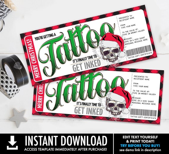 Tattoo Christmas Gift Certificate - Skull Design, Get Inked Gift Card Voucher | Self-Edit with CORJL - INSTANT DOWNLOAD Printable