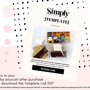 May include: A digital template for a Monster Mash s'mores kit featuring a graphic header with cartoon monsters, including a mummy, vampire, and Frankenstein. The kit includes graham crackers, milk chocolate bars, and marshmallows in clear packaging.