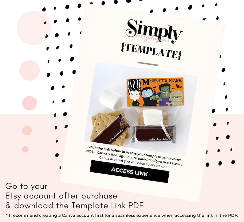 May include: A digital template for a Monster Mash s'mores kit featuring a graphic header with cartoon monsters, including a mummy, vampire, and Frankenstein. The kit includes graham crackers, milk chocolate bars, and marshmallows in clear packaging.