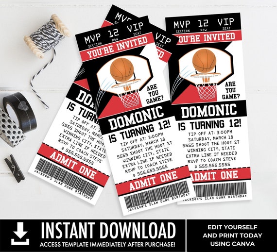 Basketball Ticket Invitation, Basketball Birthday Party, Ticket Invite | You Personalize using CANVA - INSTANT Download Printable