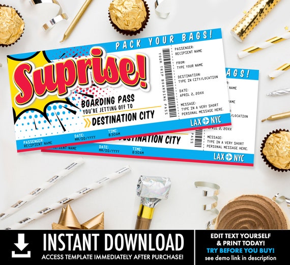 Surprise Boarding Pass Gift Voucher - Plane Ticket, Printable Certificate, Surprise Flight | Edit with CORJL - INSTANT DOWNLOAD Printable Il_570xn