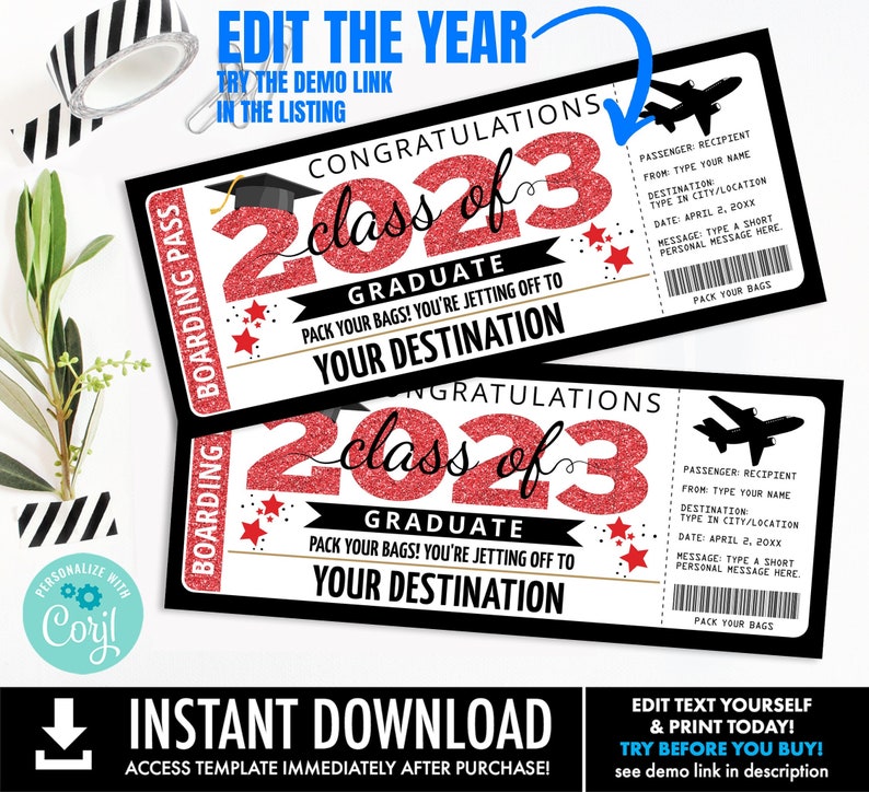 Graduation Boarding Pass Editable Template Fake Plane Ticket,Trip Gift,Fake Ticket Personalize using CORJL INSTANT DOWNLOAD Printable image 1