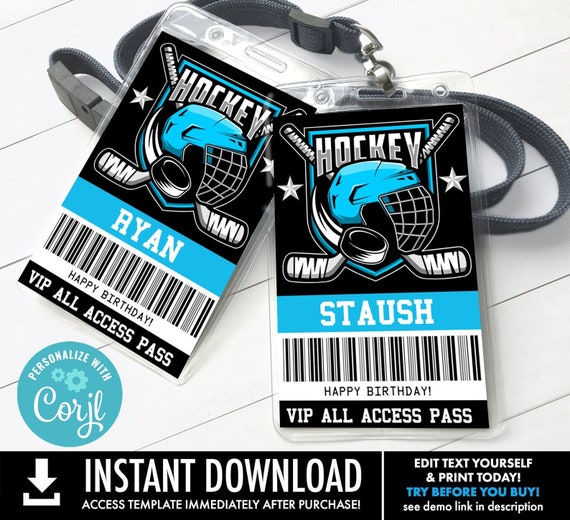 Hockey VIP Badge - Hockey All Access Pass - Hockey Badge, ID Badge | Self-Edit with CORJL - Instant Download Printable