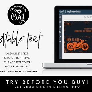 May include: A digital mockup of a printable birthday card featuring a motorcycle with the text "Born to Ride" and "Let the good times roll Happy 5th Birthday David". The card is customizable with editable text.