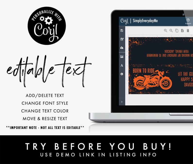 May include: A digital mockup of a printable birthday card featuring a motorcycle with the text "Born to Ride" and "Let the good times roll Happy 5th Birthday David". The card is customizable with editable text.