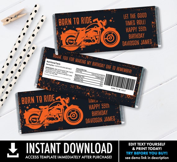 Motorcycle Candy Bar Wrapper/Label - Motorcycle Party Favor, Motorcycle Theme | Self-Edit with CORJL - INSTANT DOWNLOAD Printable