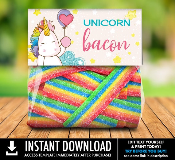 Unicorn Bacon Treat Bag Topper -Unicorn Birthday, Rainbow Birthday, Magical Party | Self-Editing with CORJL - INSTANT DOWNLOAD Printable