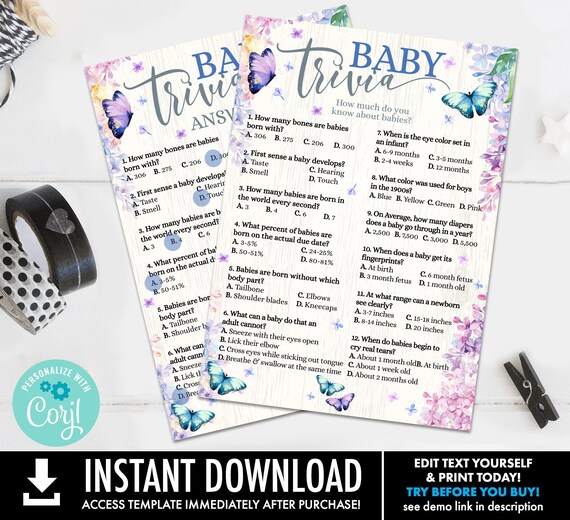 Baby Trivia Shower Game Butterfly Baby Shower Game, Flower