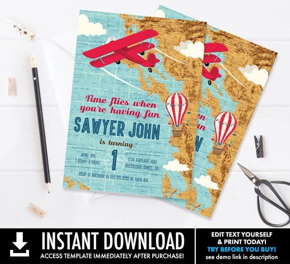 Time Flies When - Airplane Birthday Invitation, Aviator, Map, 1st Birthday | Self-Edit with CORJL - INSTANT DOWNLOAD Printable Template