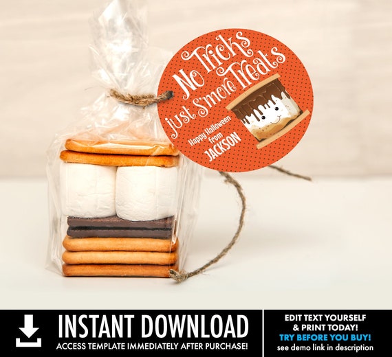INSTANT DOWNLOAD Printable No Tricks Just S/'more Treats Halloween 3-inch Circle TagLabelSticker,Classroom Gift Self-Editing with CORJL