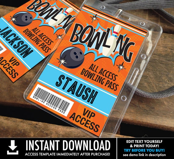 Bowling Party ID Badges - Bowling Bash, Bowling Birthday, All Access Badge, Orange/Blue | INSTANT Download Printable PDFs Il_570xn