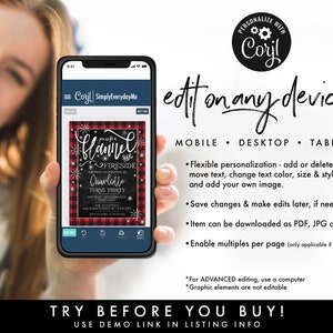 May include: A digital template for a birthday invitation with a red and black buffalo plaid background. The text reads "Join us for a Flannel Fireside Birthday Celebration for Charlotte Turns Thirty".