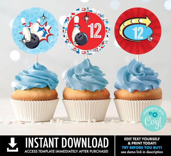 Bowling Party Cupcake Toppers - 2-inch CupcakeToppers & Cutouts, Bowling Birthday | You Personalize using CORJL - INSTANT DOWNLOAD Printable