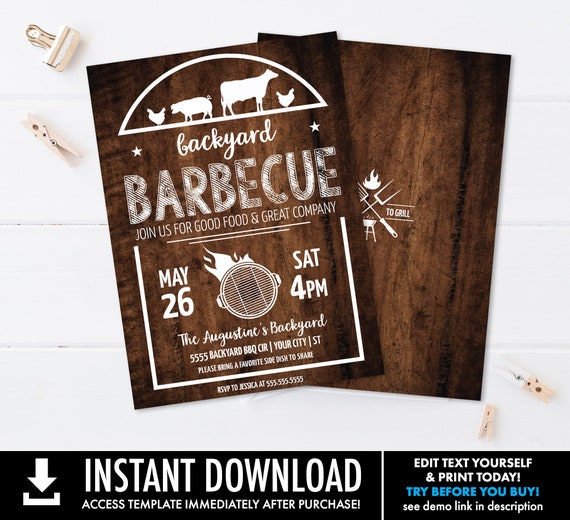 Backyard BBQ Invitation - Barbecue Invite, Barbeque, BBQ Invite | Self-Edit with CORJL - Instant Download Printable Il_570xn