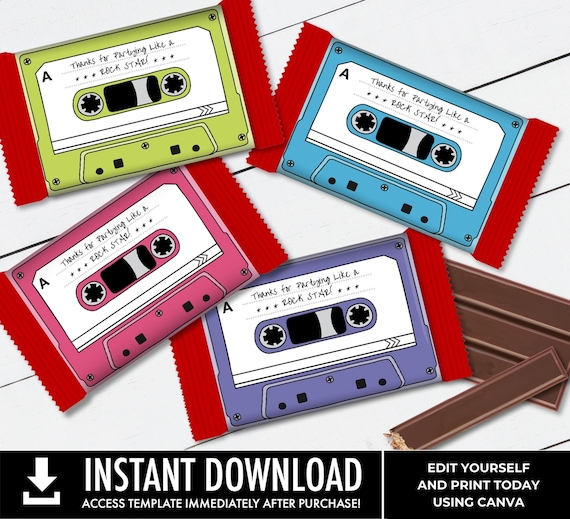 Cassette Tape Wafer Chocolate Candy Bar Label/Wrap, Retro Party Favor, 80's Party, 4 Colors Label SET | Edit with CANVA - INSTANT Download