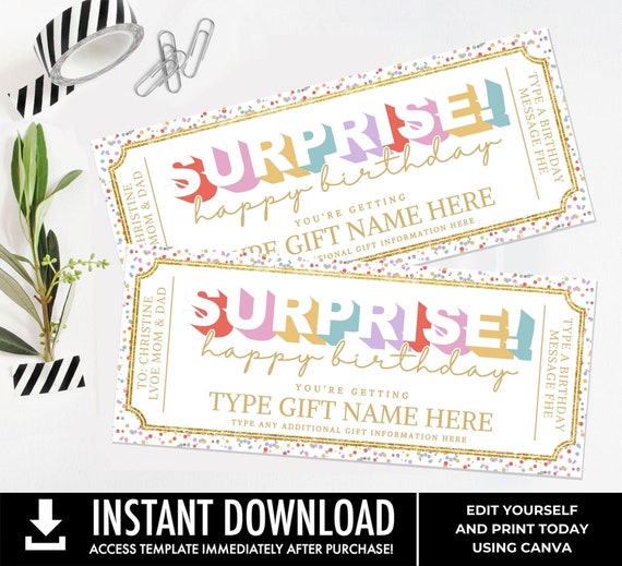 Surprise Happy Birthday Gift Certificate, Custom Gift Voucher Template, Unisex Printable Gift Coupon, for daughter| Edit with CANVA Download