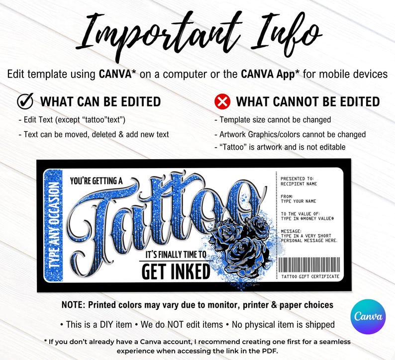 Tattoo Gift Certificate, Roses Design,get Inked Gift Card Voucher ...