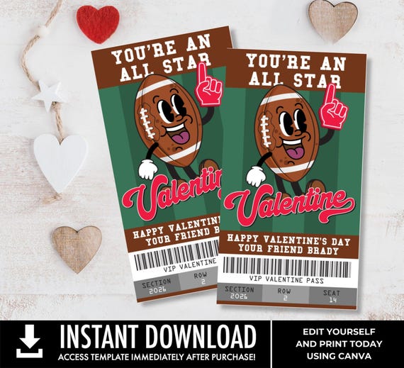 Football Valentine, Retro Football Kids Class Valentine, School Valentine | Edit with CANVA - INSTANT Download Printable