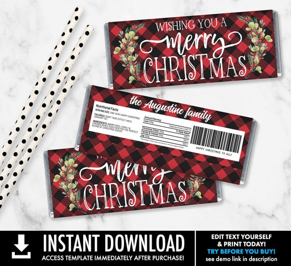 Merry Christmas Candy Bar Label/Wrapper, Christmas Party, Candy Bar Party Favor | Self-Edit with CORJL - INSTANT Download Printable