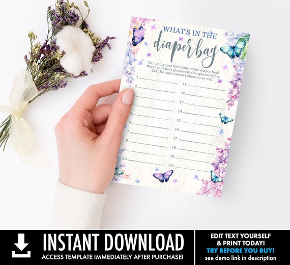 What's In The Diaper Bag Game Butterfly Baby Shower, Spring, Garden,Flower & Butterflies | Self-Edit with CORJL - INSTANT DOWNLOAD Printable Il_570xn