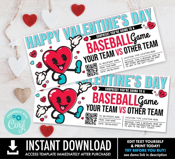 Valentine Baseball Ticket Gift Editable Template,Surprise Valentine Baseball Game Ticket | Self-Edit with CORJL - INSTANT DOWNLOAD Printable