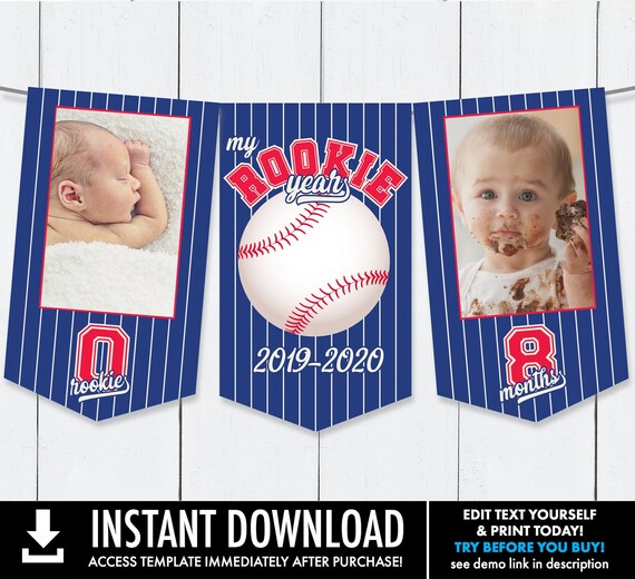 Baseball First Year Photo Banner - 12 Month Banner,Baseball 1st Birthday Party | Pre-Typed Add Photo with CORJL - INSTANT DOWNLOAD Printable
