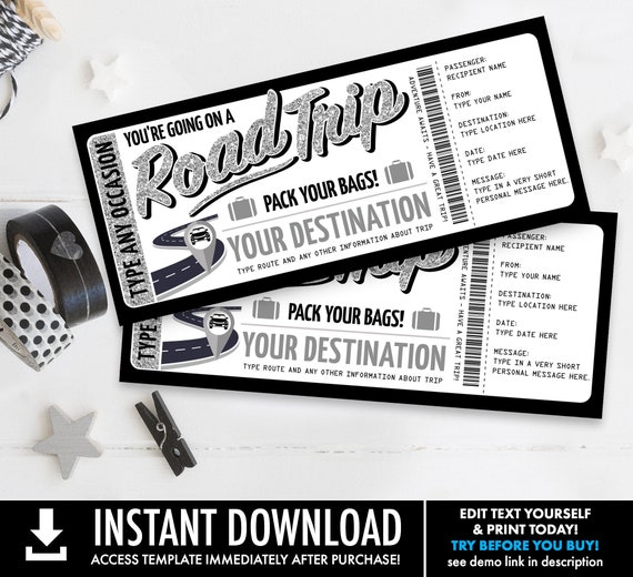 Road Trip Surprise Ticket Gift Voucher, Road Trip Vacation, Weekend Getaway | Self-Edit with CORJL - INSTANT DOWNLOAD Printable