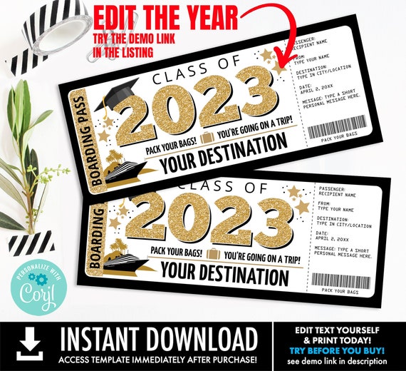 Graduation Boarding Pass Editable Template - Fake Cruise Ticket,Trip Gift,Fake Ticket | Personalize using CORJL - INSTANT DOWNLOAD Printable