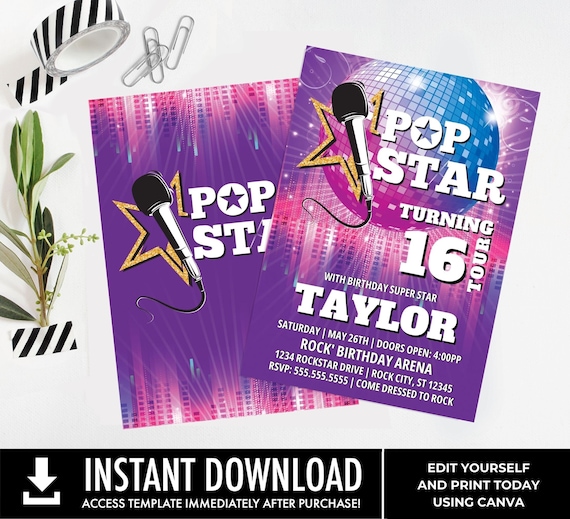 Pop Star Party Invitations - Party like a Rockstar- Rock n Roll Birthday | Edit with CORJL - INSTANT DOWNLOAD Printable Template