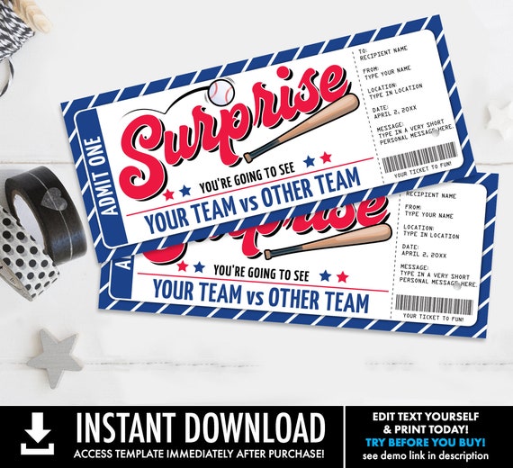 Surprise Baseball Ticket Gift Editable Template - Surprise Baseball Ticket | Self-Edit with CORJL - INSTANT DOWNLOAD Printable