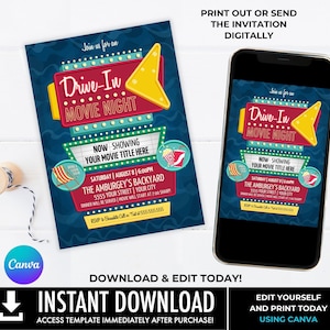 Drive-In Movie Night Invitation, Backyard Movie Night, Birthday Outdoor Movie Night, Retro Movie Night | Edit with CANVA - INSTANT DOWNLOAD