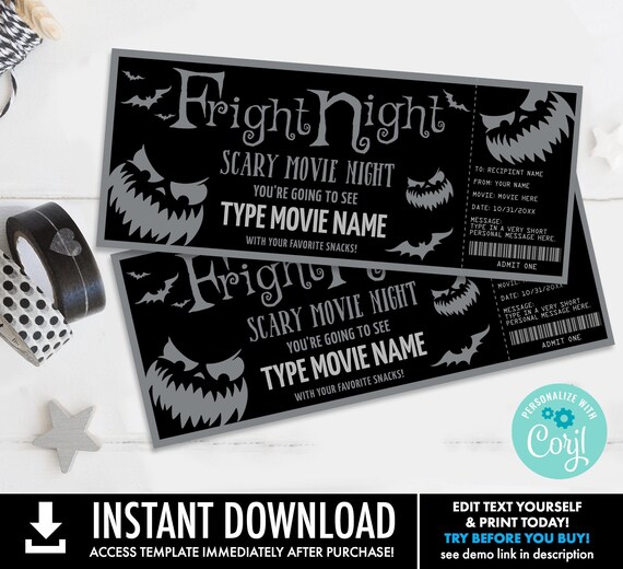 Halloween Movie Night Ticket, Gift Certificate, Movie Ticket, Surprise Ticket | Self-Edit with CORJL - INSTANT DOWNLOAD Printable