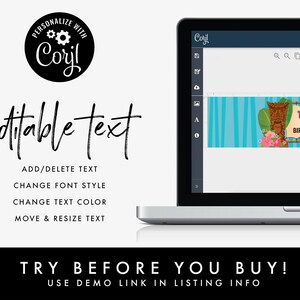 Puede incluir: Una pantalla de computadora port&aacute;til que muestra una pancarta azul y blanca con una cabeza de tiki y el texto "TAYLOR 10TH BIRTHDAY PARTY". El texto "editable text" est&aacute; escrito en negro sobre un fondo blanco. El texto "TRY BEFORE YOU BUY! USE DEMO LINK IN LISTING INFO" est&aacute; escrito en negro sobre un fondo rosa.