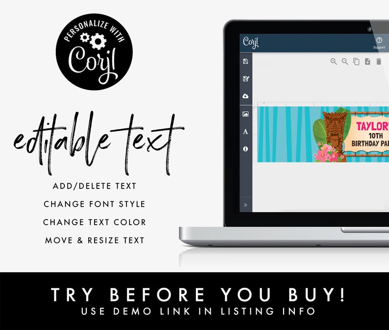 Puede incluir: Una pantalla de computadora port&aacute;til que muestra una pancarta azul y blanca con una cabeza de tiki y el texto "TAYLOR 10TH BIRTHDAY PARTY". El texto "editable text" est&aacute; escrito en negro sobre un fondo blanco. El texto "TRY BEFORE YOU BUY! USE DEMO LINK IN LISTING INFO" est&aacute; escrito en negro sobre un fondo rosa.