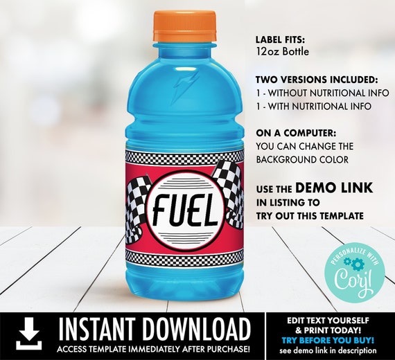 Race Car FUEL 12oz Sports Drink Label, Drink Label, Racing Label | Self-Editing with CORJL - INSTANT Download Printable