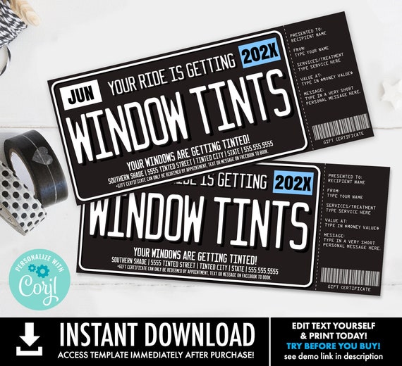 Car Window Tinting Gift Certificate, License Plate Surprise Gift Voucher | Self-Edit with CORJL - INSTANT DOWNLOAD Printable Template