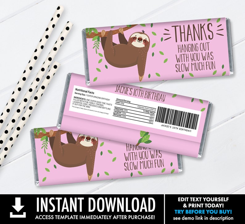 Sloth Candy Bar Label/Wrapper Party Favor, Sloth Party, Sloth Theme Self-Edit with CORJL INSTANT Download Printable image 1