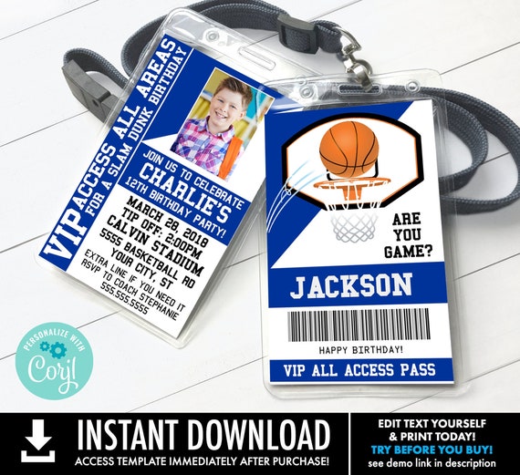 Basketball VIP ID Badge Invitation - Basketball Invite Badge, All Star Badge | You Personalize using CORJL - Instant Download Printable