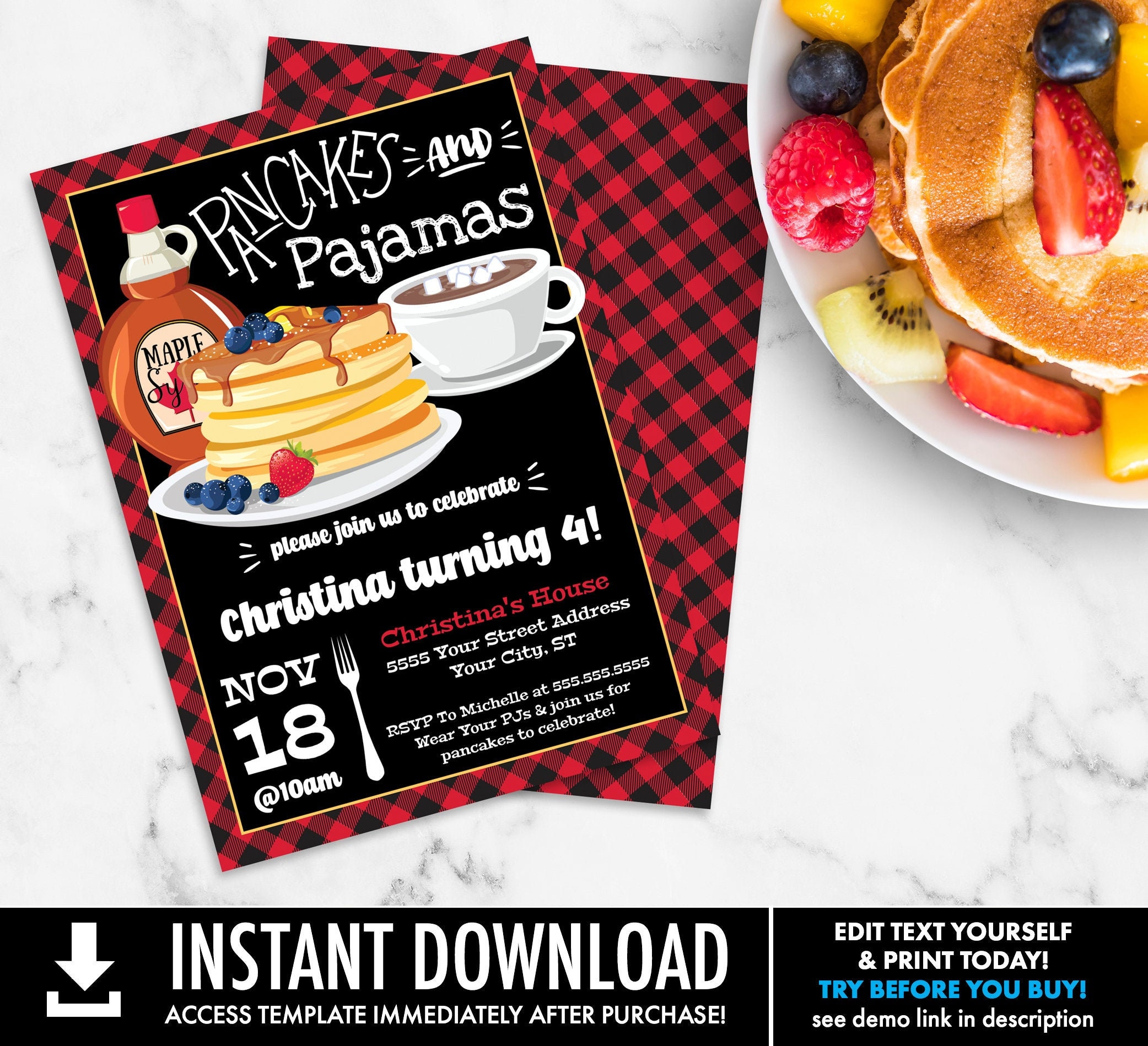 Pancakes & Pajamas Invitation - Lumberjack Breakfast Birthday, Pancake  Party