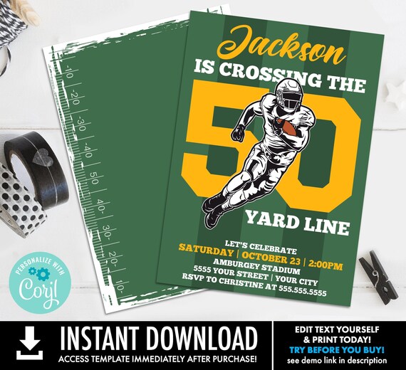 50th Football Party Invitation - Crossing the 50 Yard Line,50th Birthday,Tailgate Invite | Self-Edit with CORJL - INSTANT DOWNLOAD Printable