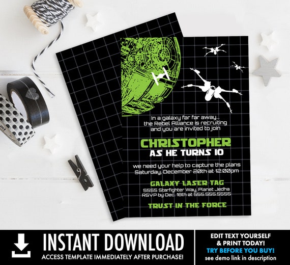 Star Wars Invitation - Star Wars Birthday Party, Star Wars Party, Tie-Fighter | Self-Edit with CORJL - INSTANT DOWNLOAD Printable Template
