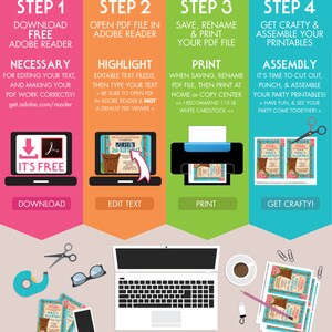 May include: A step-by-step guide on how to edit and print your own PDF printables. The guide includes instructions on downloading Adobe Reader, highlighting and editing text, saving and printing the PDF file, and assembling the printed items. The image shows a computer screen with a PDF file open, a printer, and a stack of printed papers.