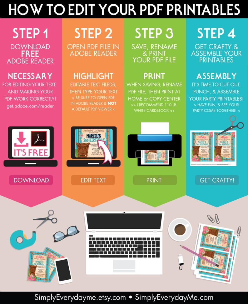 May include: A step-by-step guide on how to edit and print your own PDF printables. The guide includes instructions on downloading Adobe Reader, highlighting and editing text, saving and printing the PDF file, and assembling the printed items. The image shows a computer screen with a PDF file open, a printer, and a stack of printed papers.