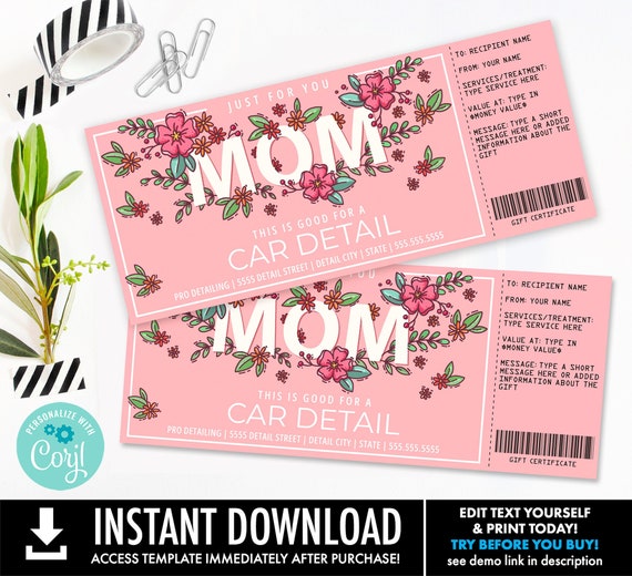 Mother's Day Gift Certificate, Car Detail, Surprise Gift, Gift Voucher | Personalize using CORJL-INSTANT DOWNLOAD Printable