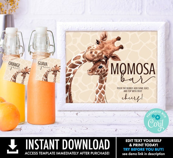 Giraffe Mom-osa Bar Sign - 8x10 Sign & Juice Tags, Baby Shower, Drink Sign and Tags | Self-Edit with CORJL - INSTANT Download Printable