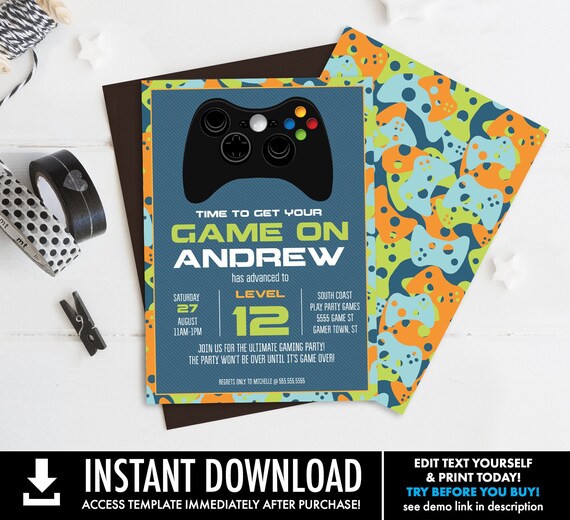 Video Game Birthday Party Invitation - Gamer Party Invite, Game Truck,Blue Camo | Self-Edit with CORJL - INSTANT DOWNLOAD Printable Template Il_570xn