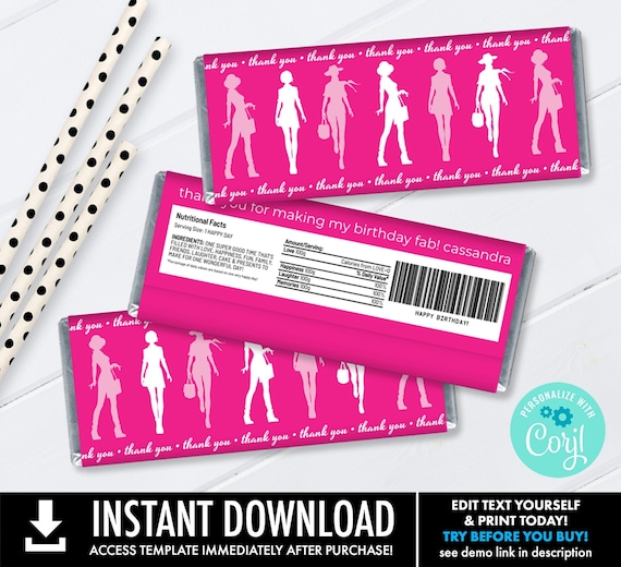 Barb Doll Themed Birthday Party Favor, Candy Bar Label, Dollie Party Candy Bar Wrap | Personalize using CORJL–INSTANT DOWNLOAD Printable