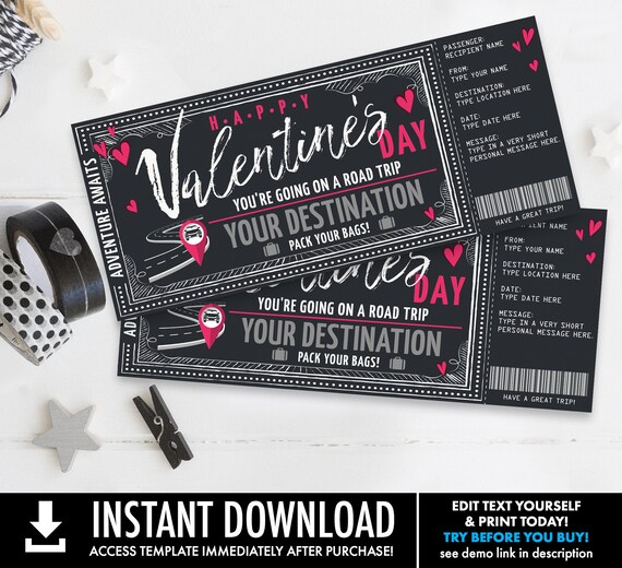 Valentine Road Trip Surprise Ticket Gift Voucher, Road Trip Vacation, Weekend Getaway | Self-Edit with CORJL - INSTANT DOWNLOAD Printable Il_570xn