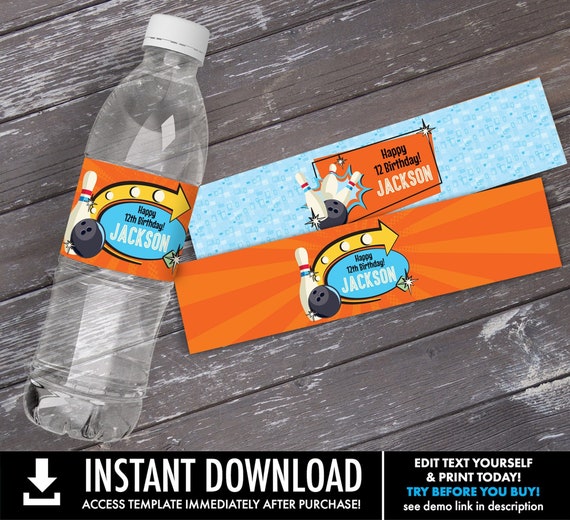 Bowling Party Water Labels or Wrappers–Bowling Bash, Bowling Birthday,Retro Bowling |You Personalize using CORJL–INSTANT DOWNLOAD Printable