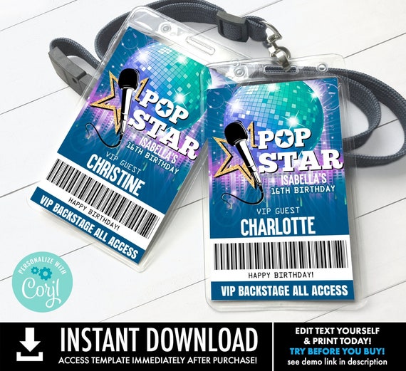 Pop Star VIP Badge,Party like a Rock Star,Rock n Roll,Backstage Pass | You Personalize using CORJL–INSTANT Download Printable Template
